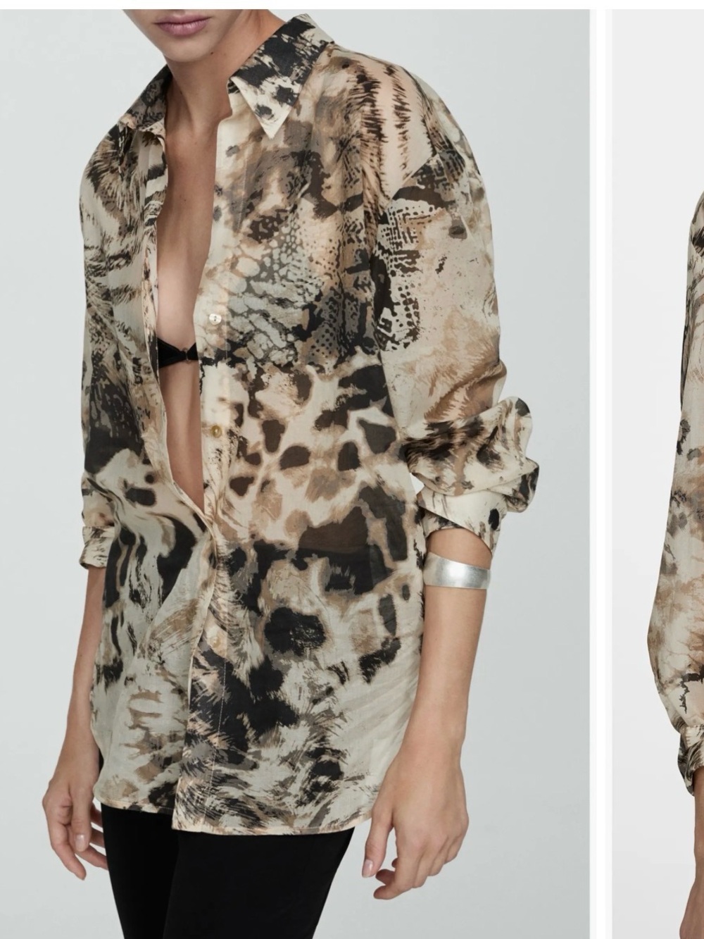 Mango Sheer Animal Print Button-Down Shirt in Beige and Black